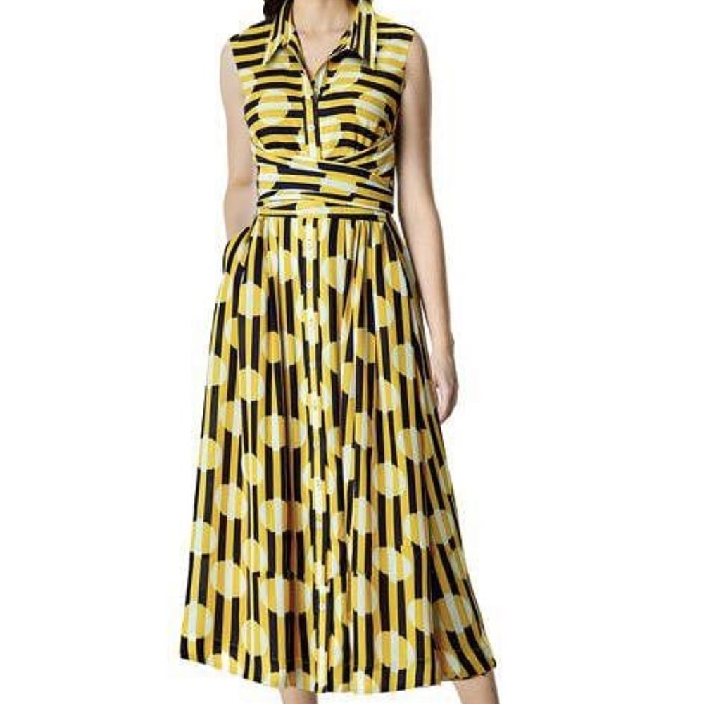 Stripe Dot Print Crepe Asymmetric Waist Shirtdress